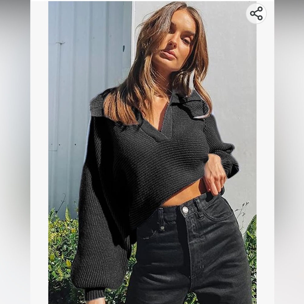 Oversized Puff Sleeve V Neck Polo Pullover LAST CHANCE DONATING END OF FEB
